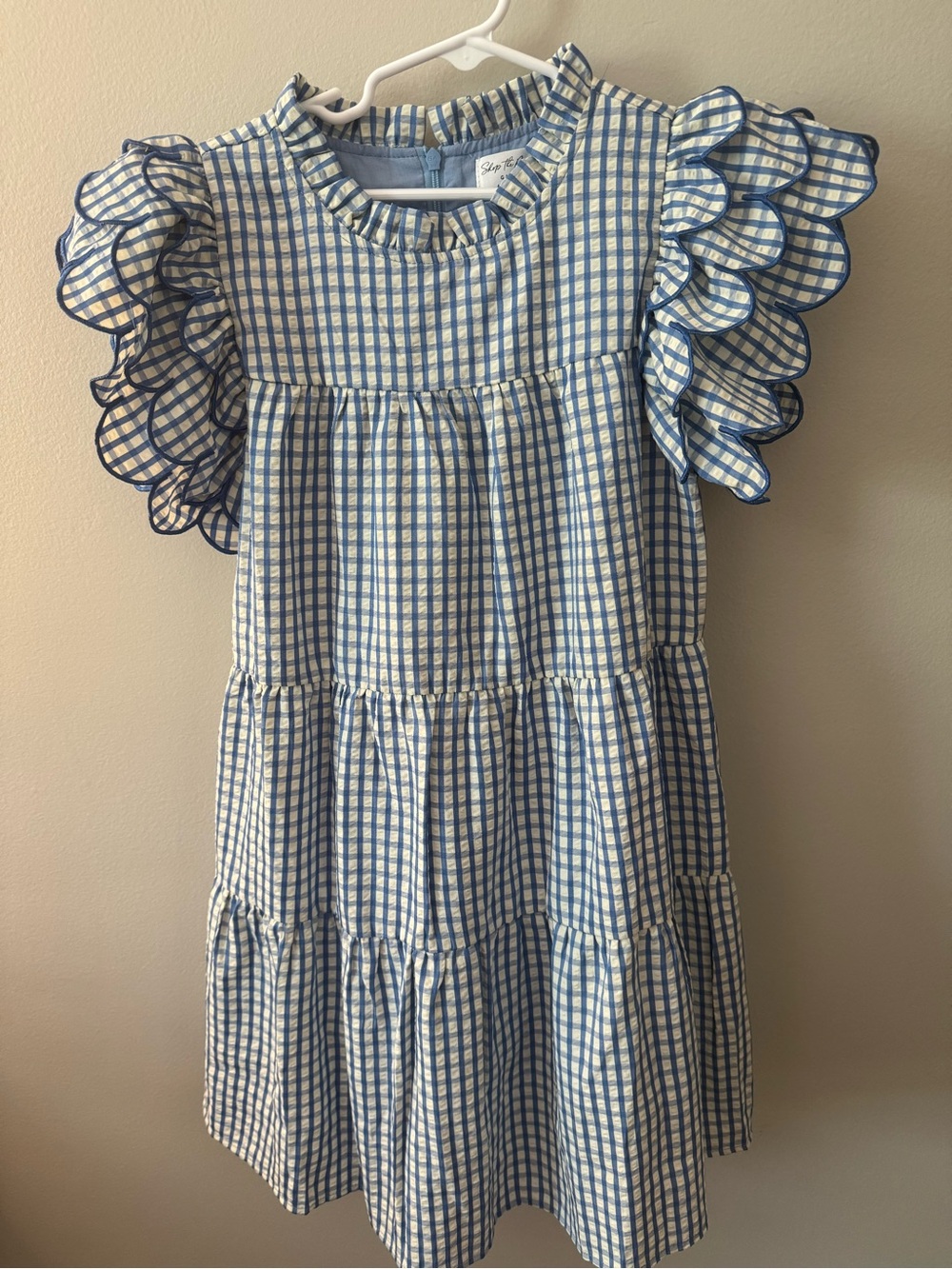Blue & White Gingham Ruffle Sleeve Kids Dress